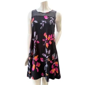 Floral Shift Dress Mesh Yoke Black Pink Purple Boho Lightweight Summer Sz S/M
